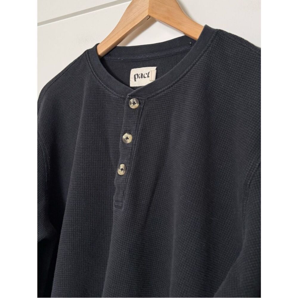 Pact Thermal Waffle Knit Henley Top Mens Sz XL Black Long Sleeve Organic Cotton - Picture 3 of 11